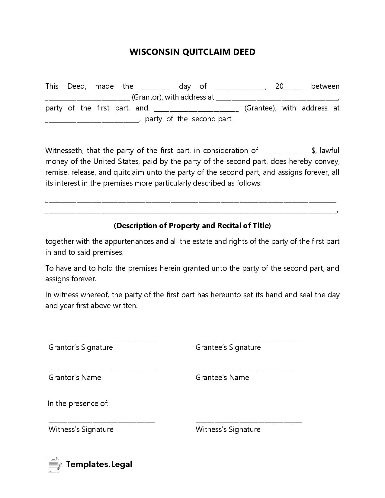Wisconsin Deed Forms Templates Free Word Pdf Odt