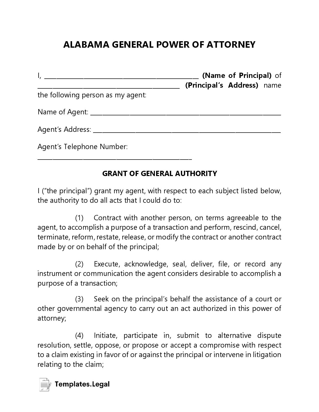 Alabama General Power of Attorney - Templates.Legal