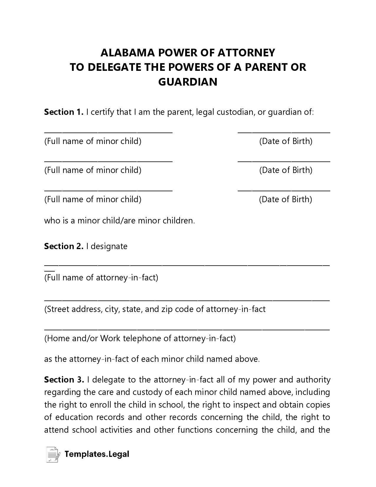 Alabama Minor (Child) Power of Attorney - Templates.Legal