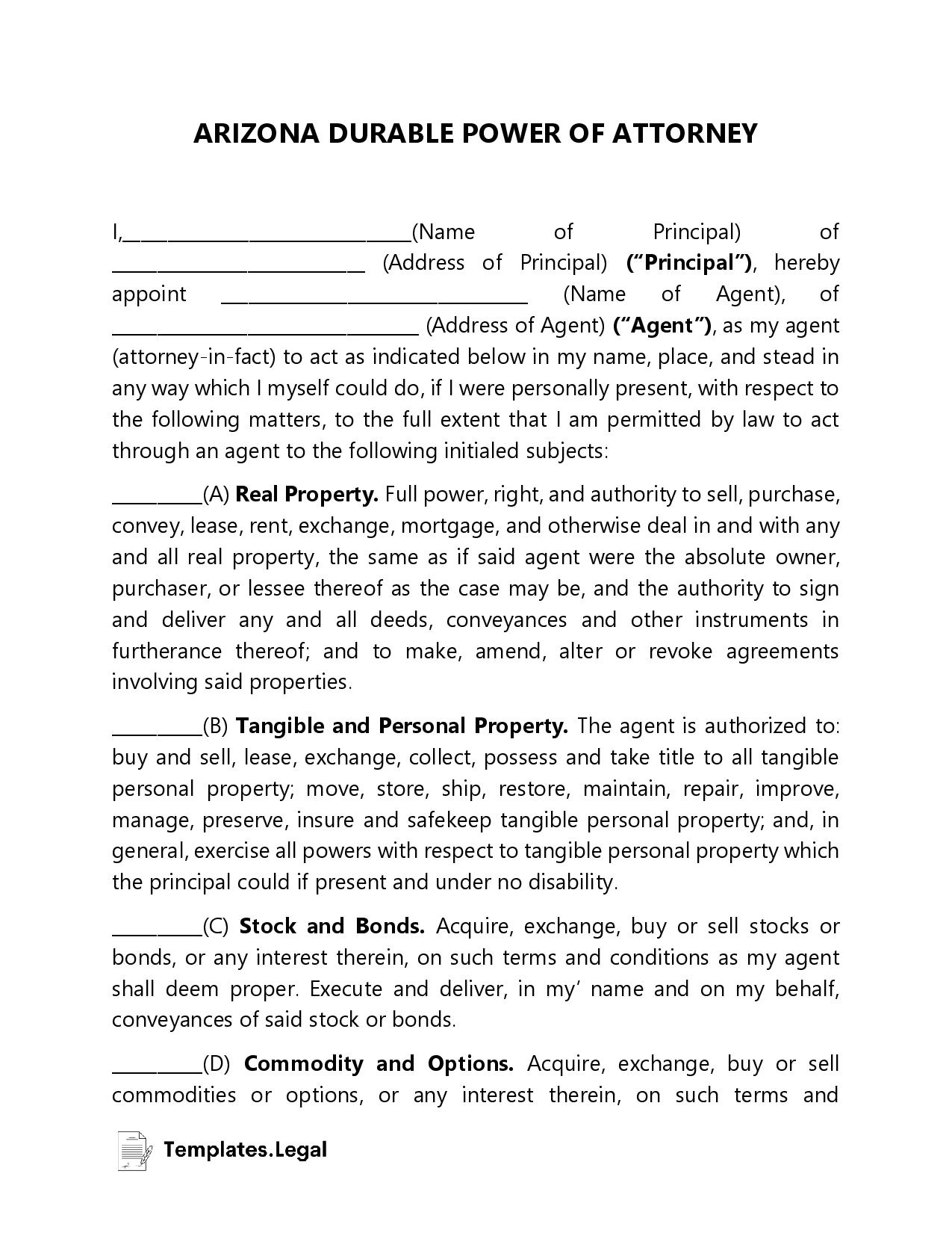 Arizona Durable Power Of Attorney Form Pdf