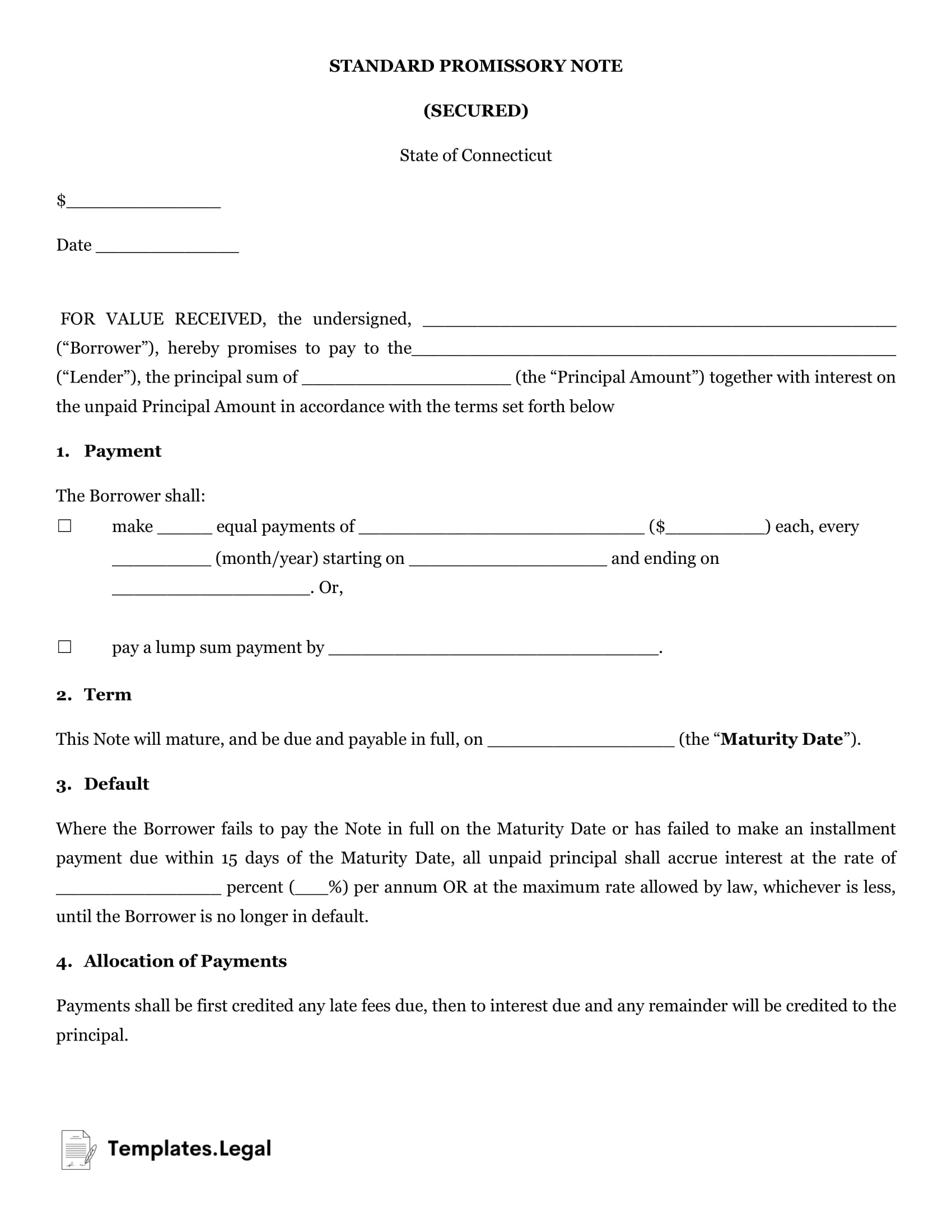 Connecticut Secured Promissory Note - Templates.Legal