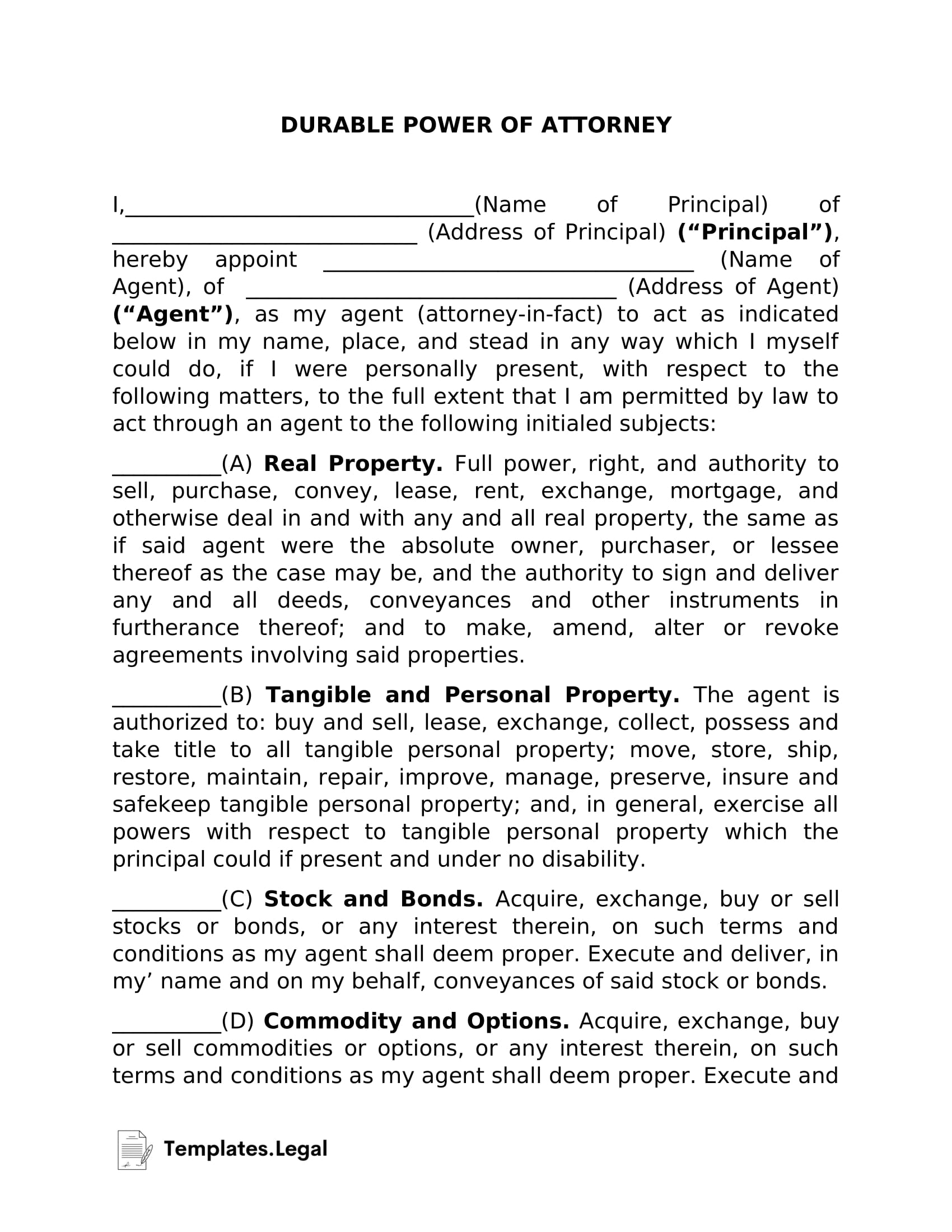 Durable Power of Attorney Templates (Free) [Word, PDF, ODT]