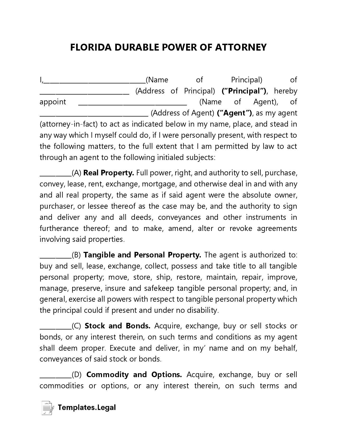 Free Printable Durable Power Of Attorney Form Florida