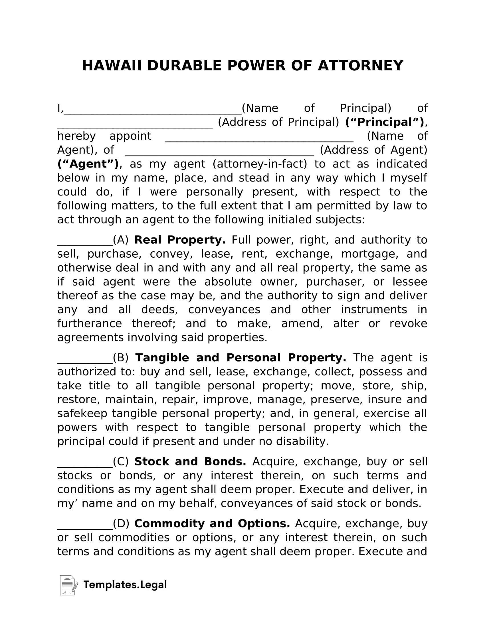 Hawaii Power of Attorney Templates (Free) [Word, PDF & ODT]