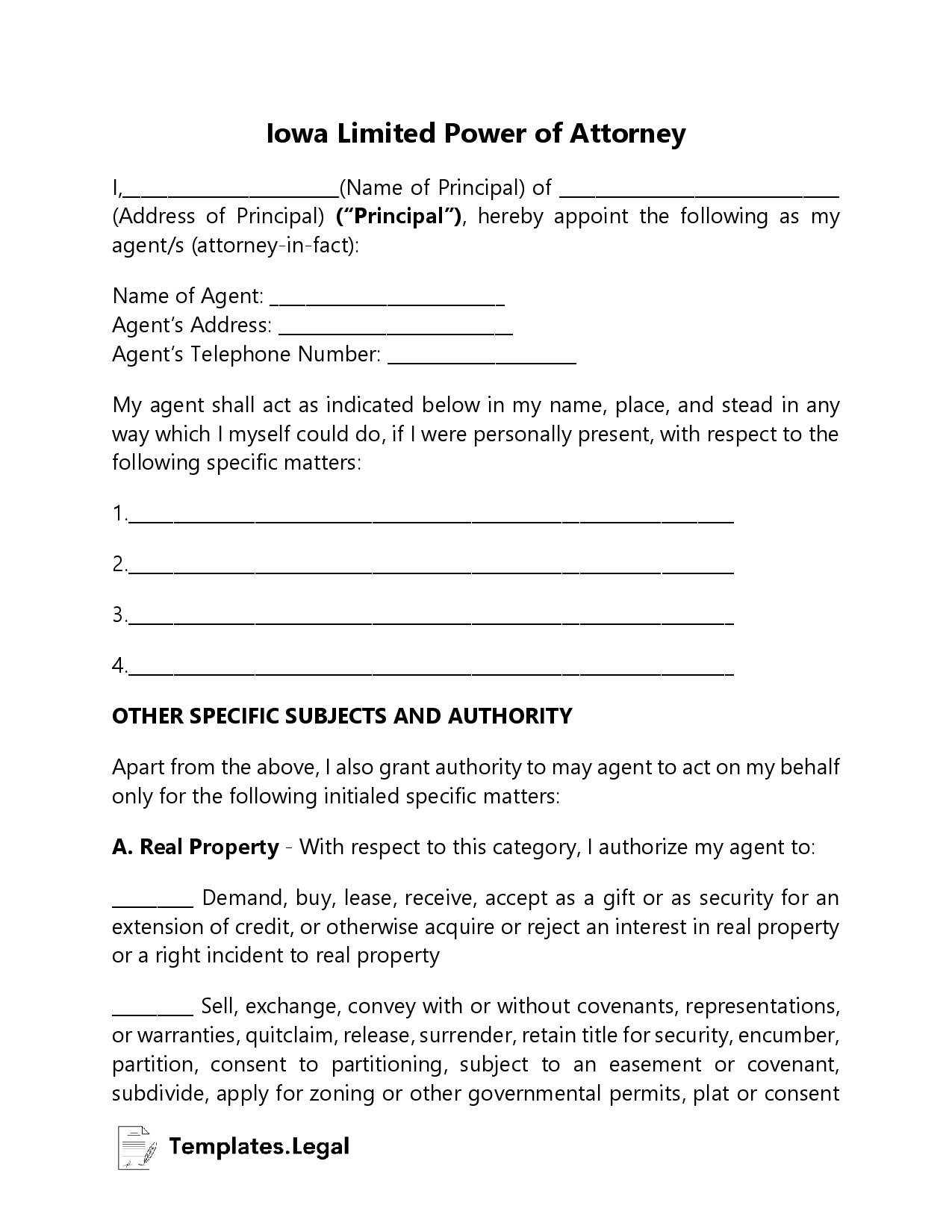 Iowa Limited Power of Attorney - Templates.Legal