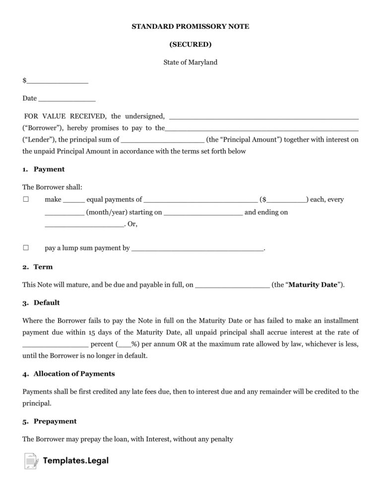 Maryland Promissory Note Templates (Free) [Word, PDF, ODT]