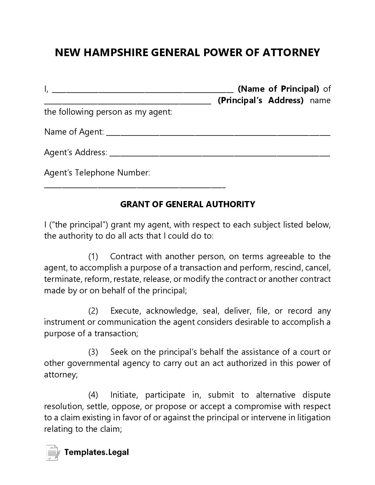 New Hampshire General Power of Attorney - Templates.Legal
