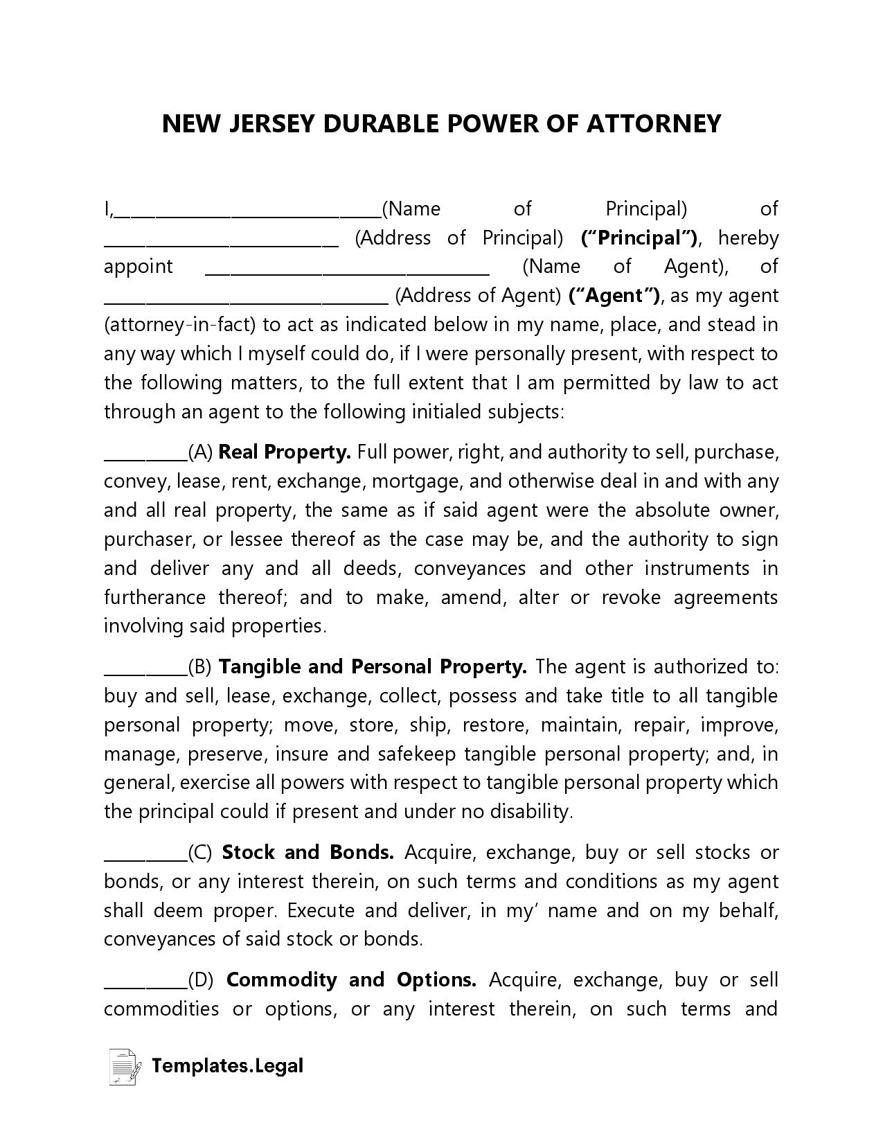 New Jersey Durable Power of Attorney - Templates.Legal