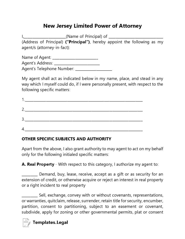 New Jersey Power of Attorney Templates (Free) [Word, PDF & ODT]