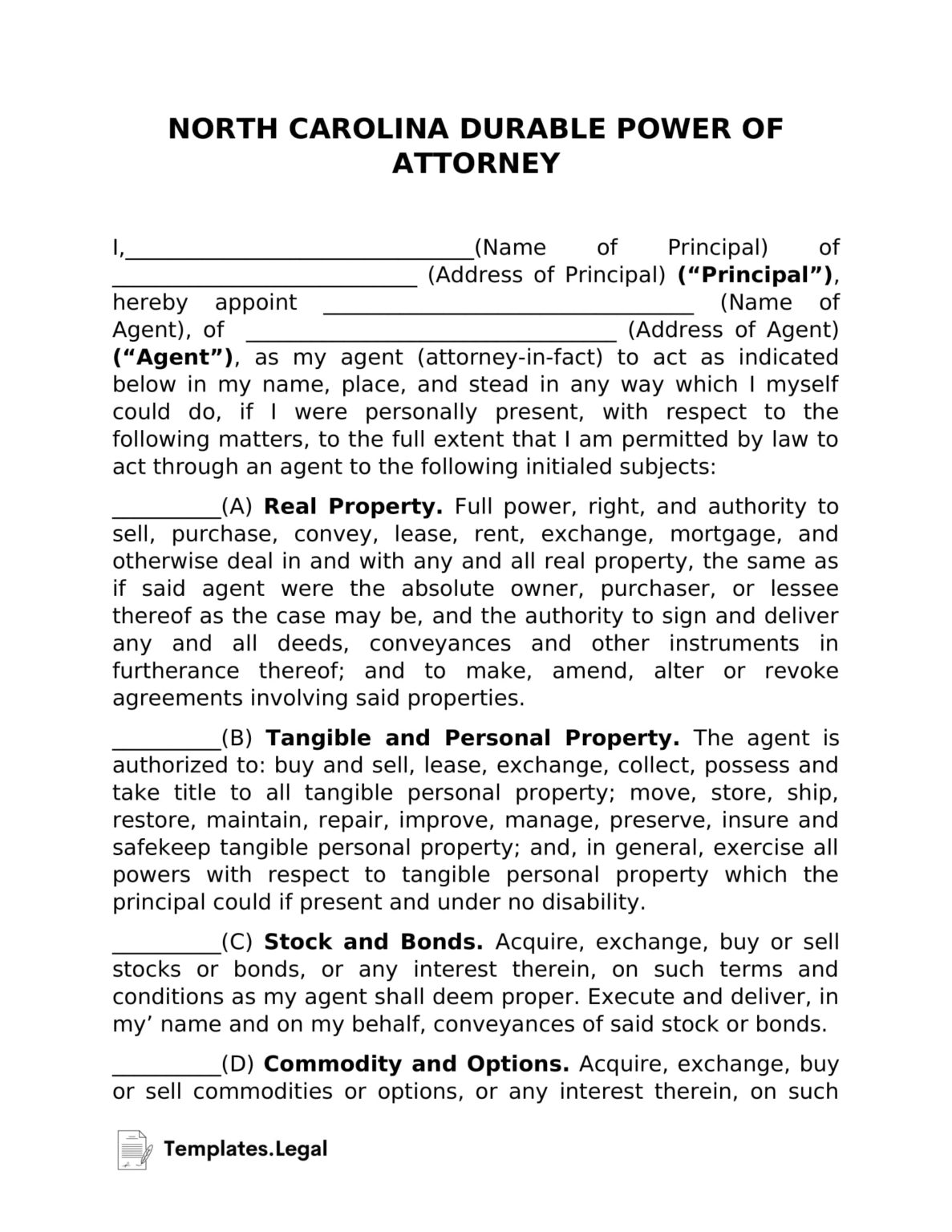 North Carolina Power of Attorney Templates (Free) Word PDF ODT