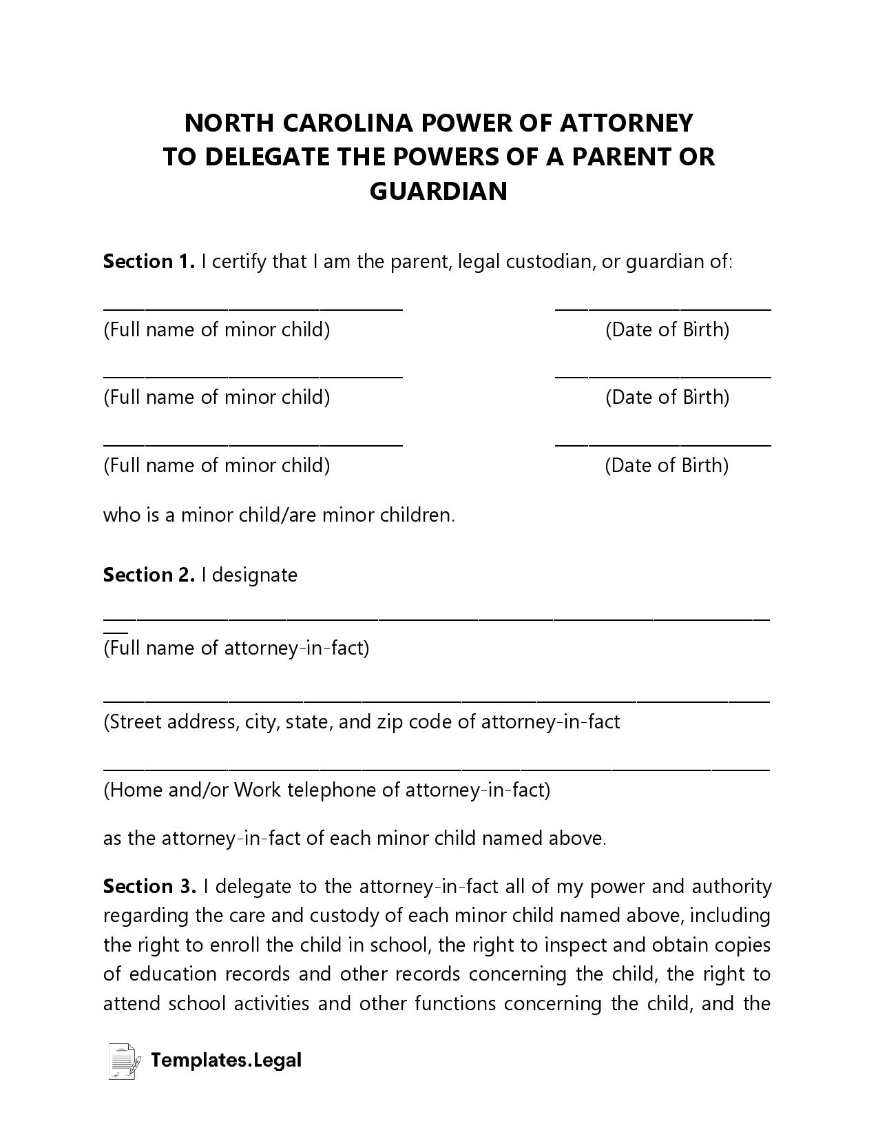 North Carolina Minor (Child) Power of Attorney - Templates.Legal