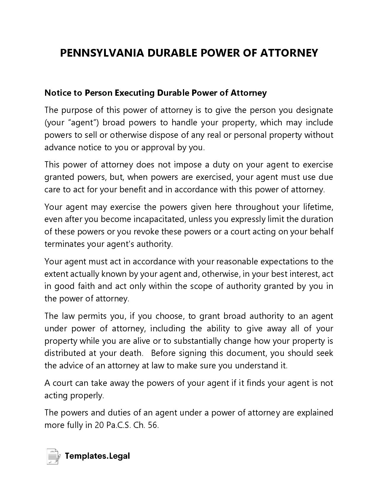 Pa Durable Power Of Attorney Template