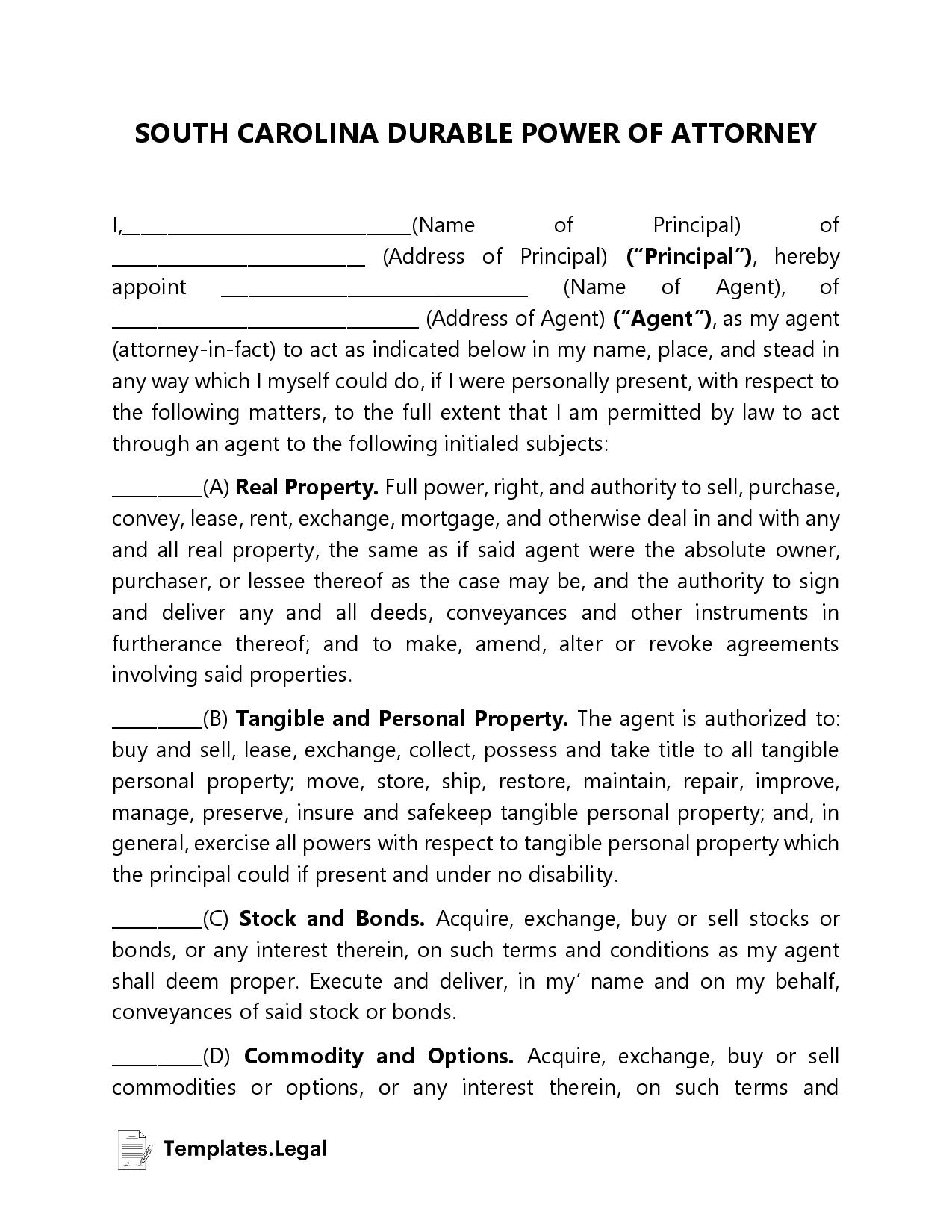 South Carolina Power of Attorney Templates Free Word PDF ODT