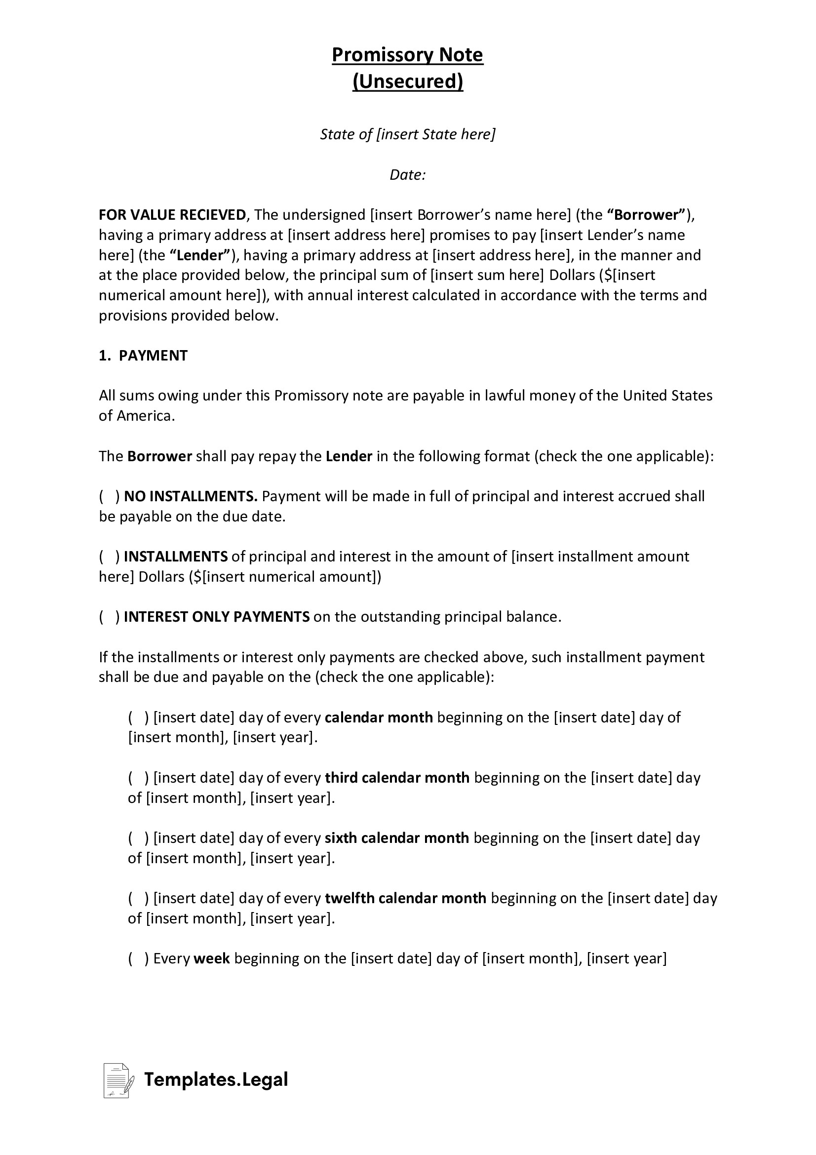 Standard Unsecured Promissory Note - Templates.Legal