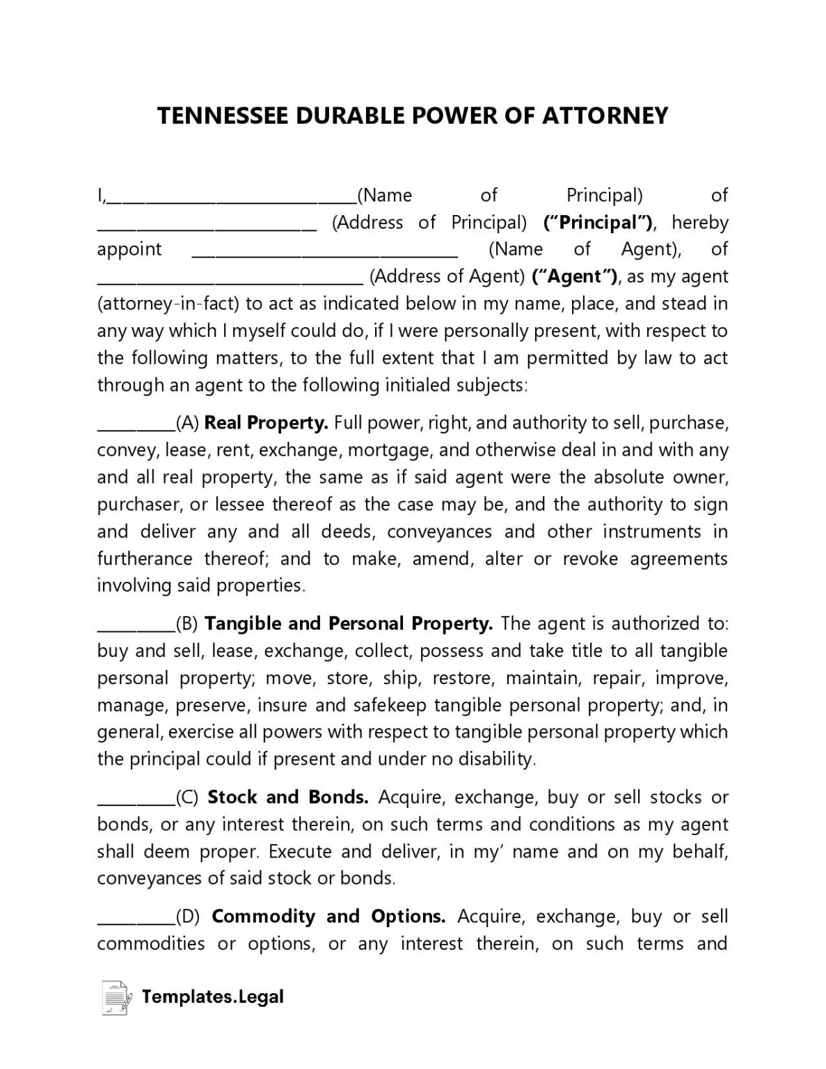 Printable Power Of Attorney Form Tennessee