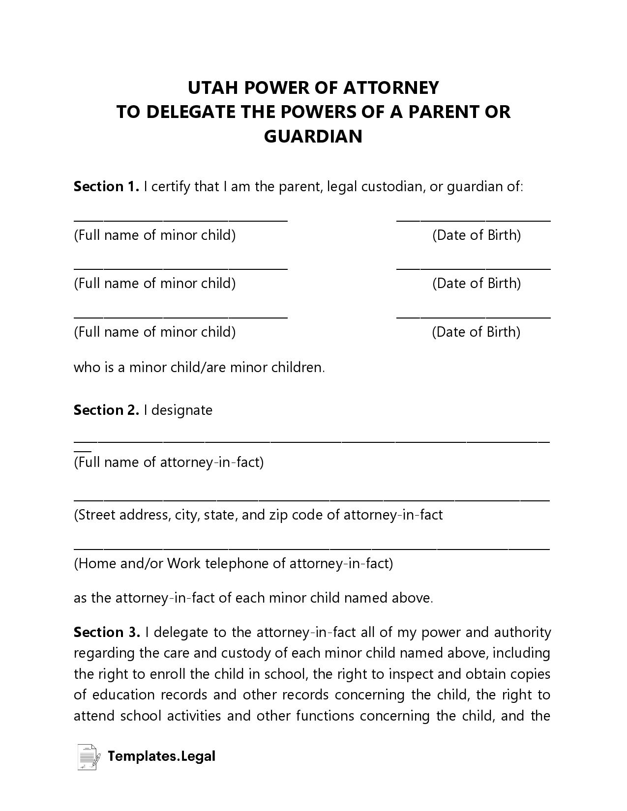 Utah Minor (Child) Power of Attorney - Templates.Legal
