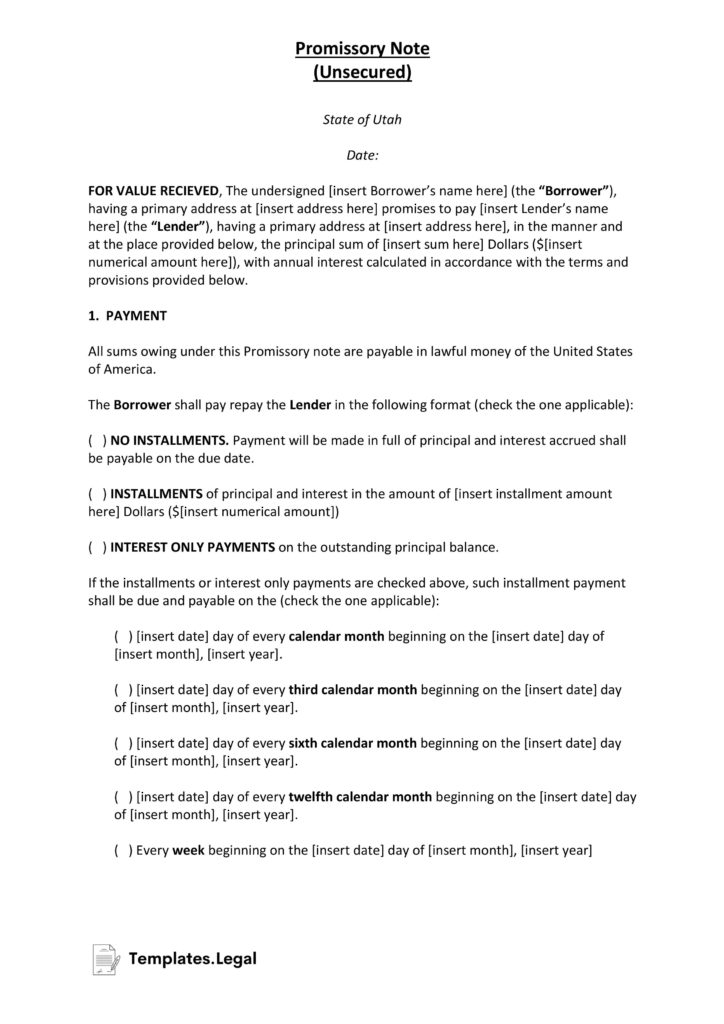 Utah Promissory Note Templates Templates (Free) [Word, PDF, ODT]