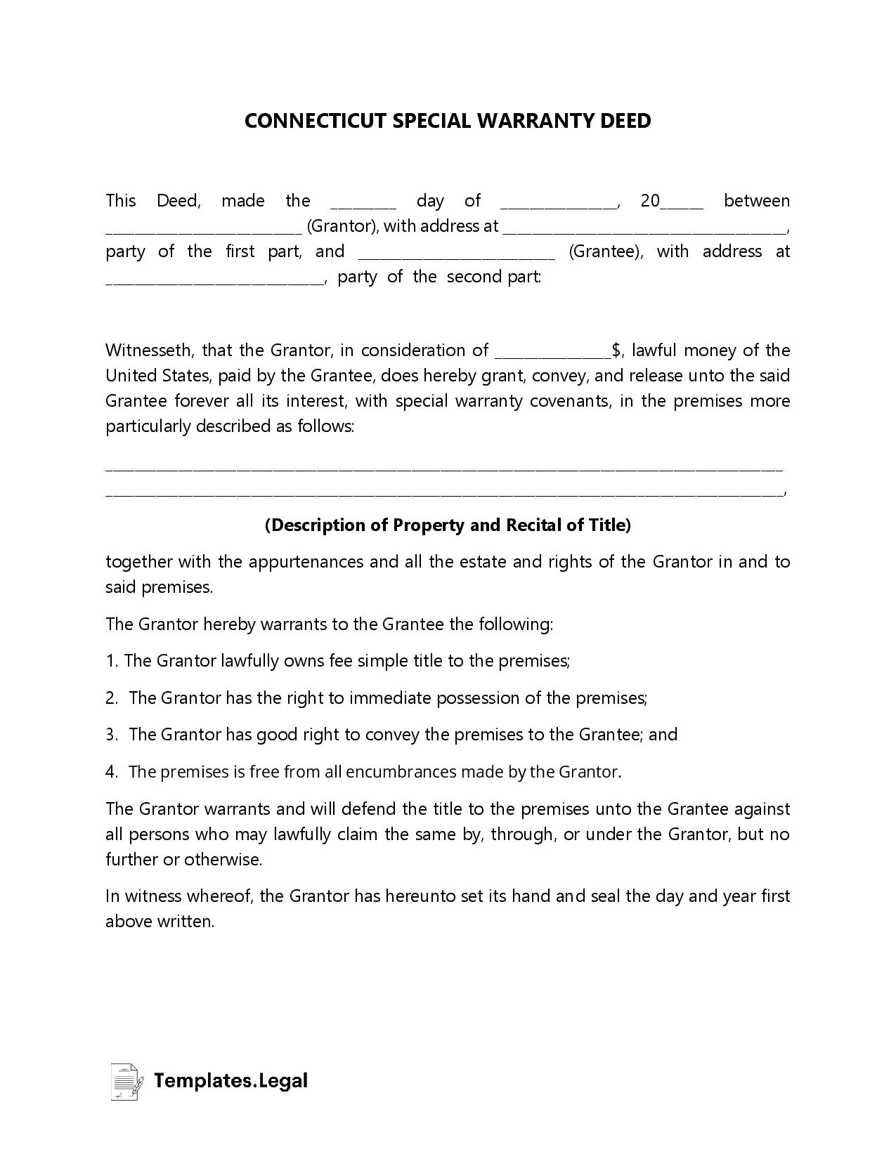 Connecticut Special Warranty Deed - Templates.Legal