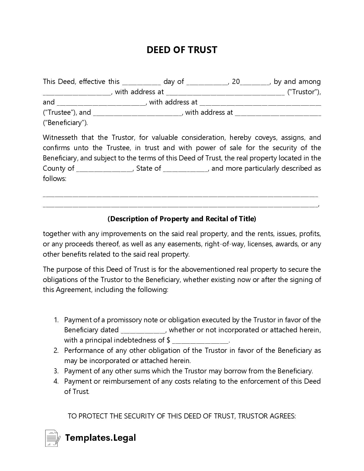 Deed of Trust Templates (Free) Word PDF ODT