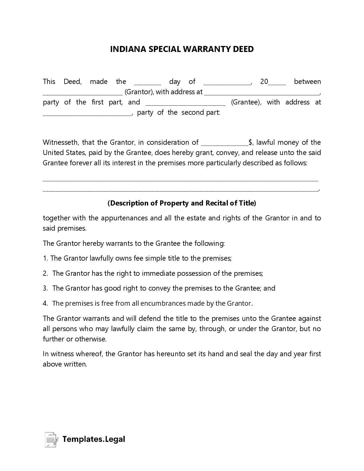 Indiana Special Warranty Deed - Templates.Legal