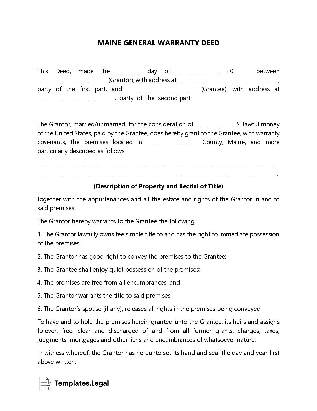 Maine General Warranty Deed - Templates.Legal