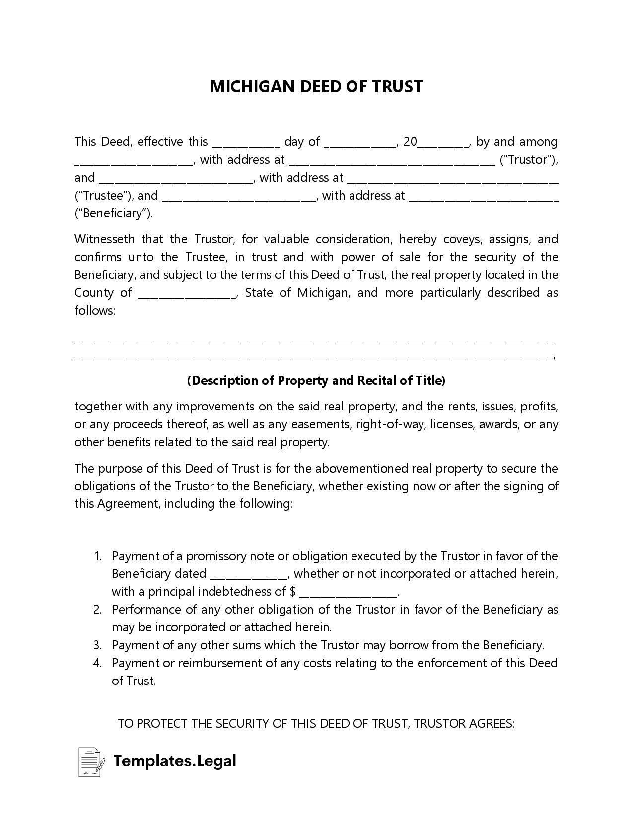 Michigan Deed Of Trust Form Download Printable Pdf Templateroller