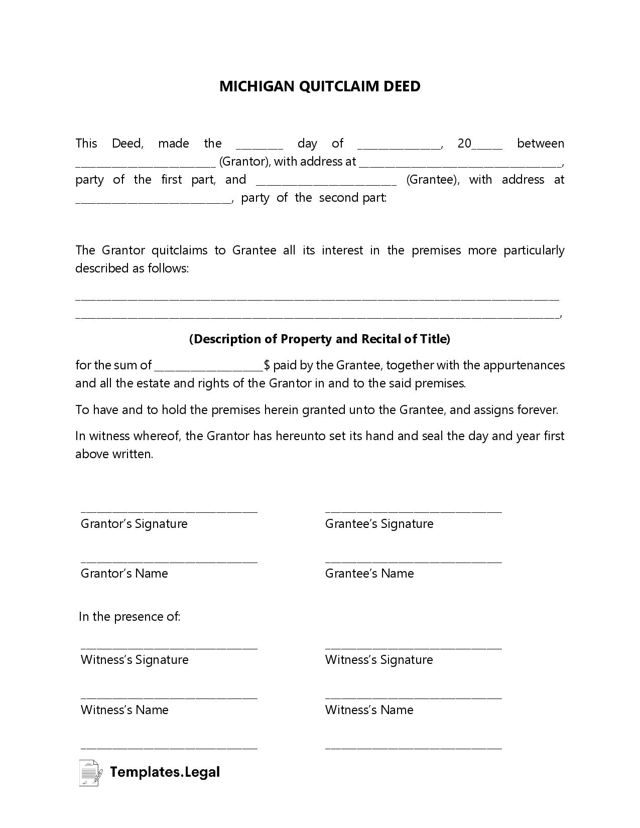 Michigan Deed Forms And Templates Free Word Pdf Odt 5477