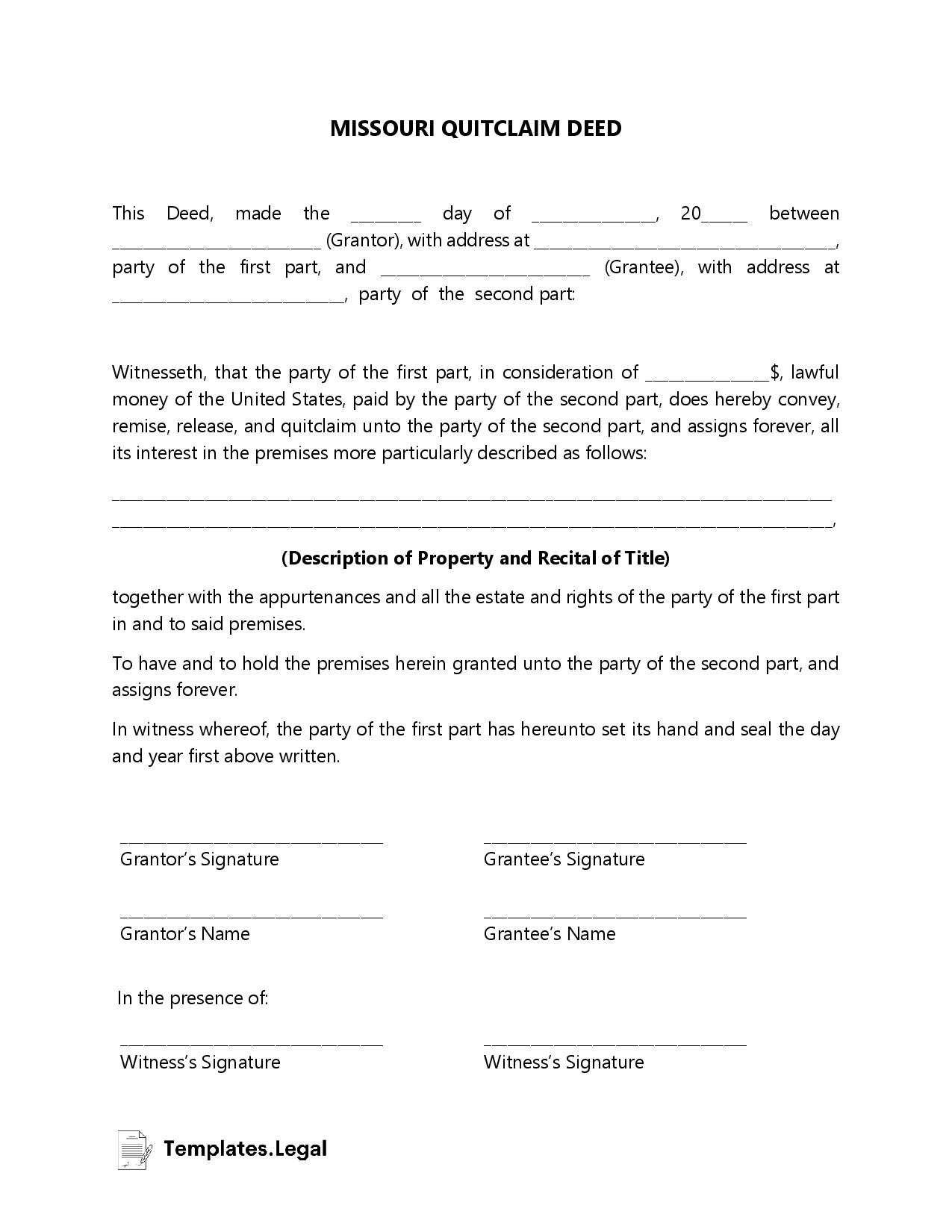 Missouri Deed Forms Templates Free Word PDF ODT 