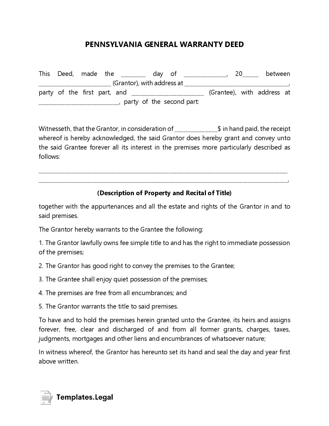 Pennsylvania Warranty Deed Form Download Printable Pdf Templateroller