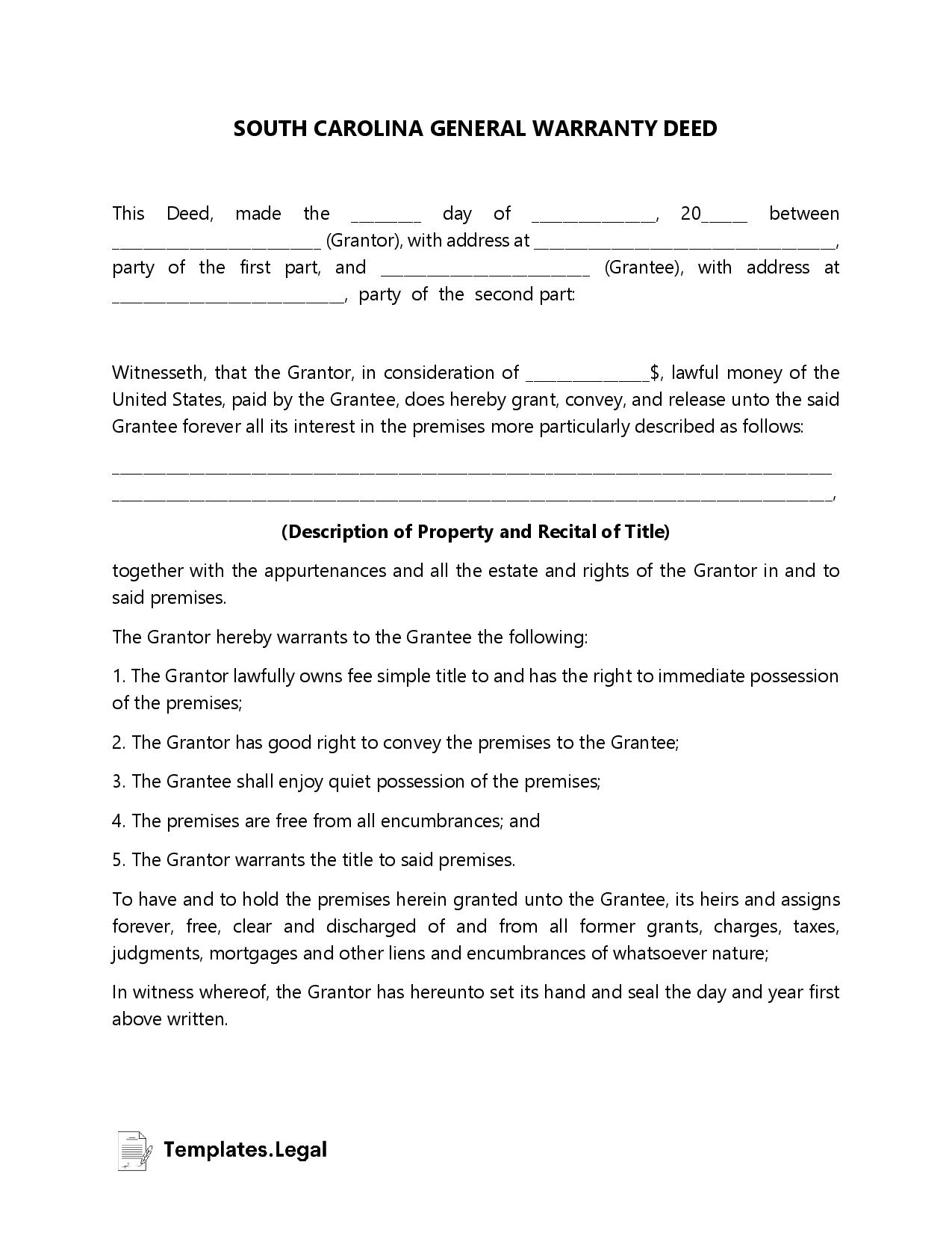 South Carolina Deed Forms And Templates Free Word Pdf Odt 4018