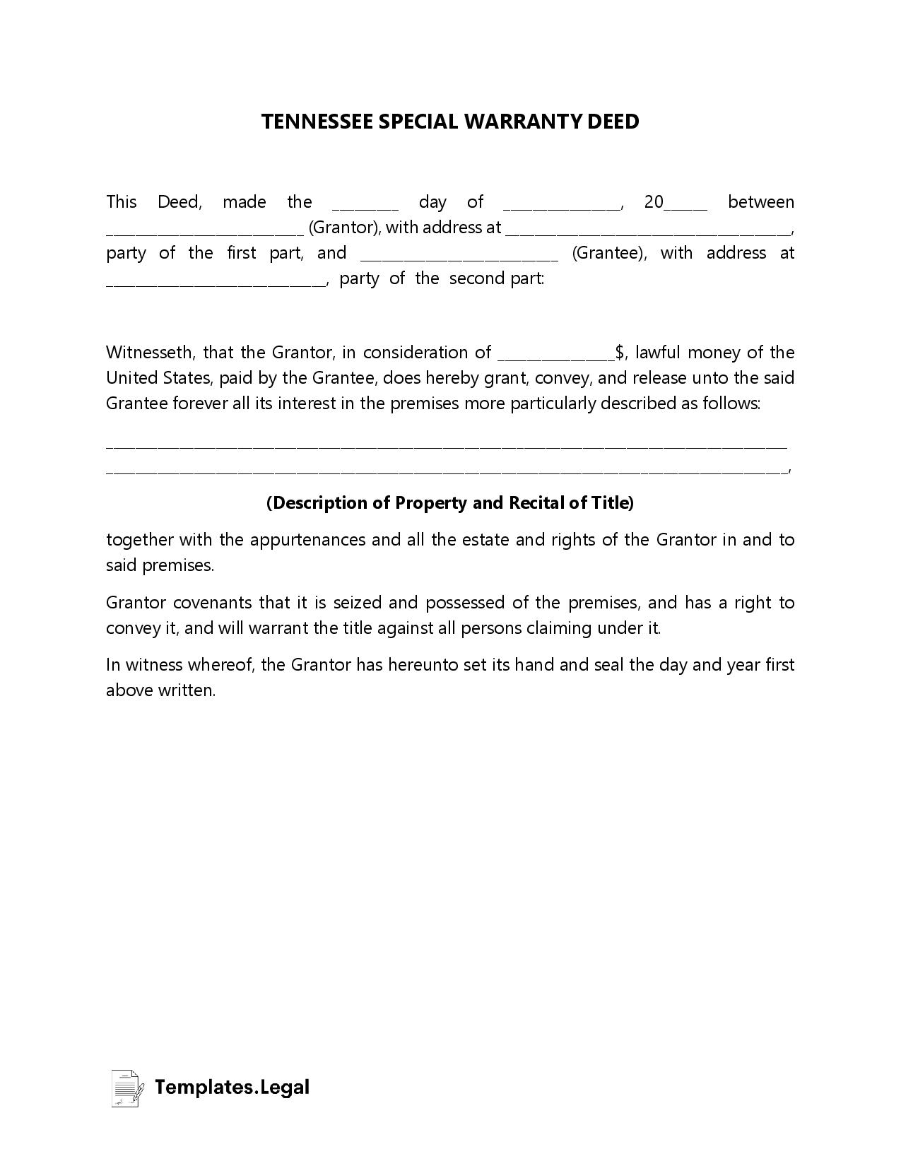 Tennessee Special Warranty Deed - Templates.Legal
