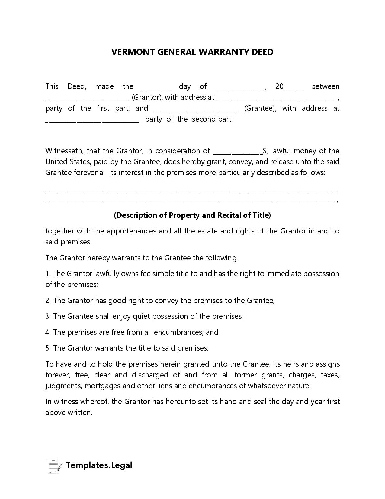 Vermont General Warranty Deed - Templates.Legal