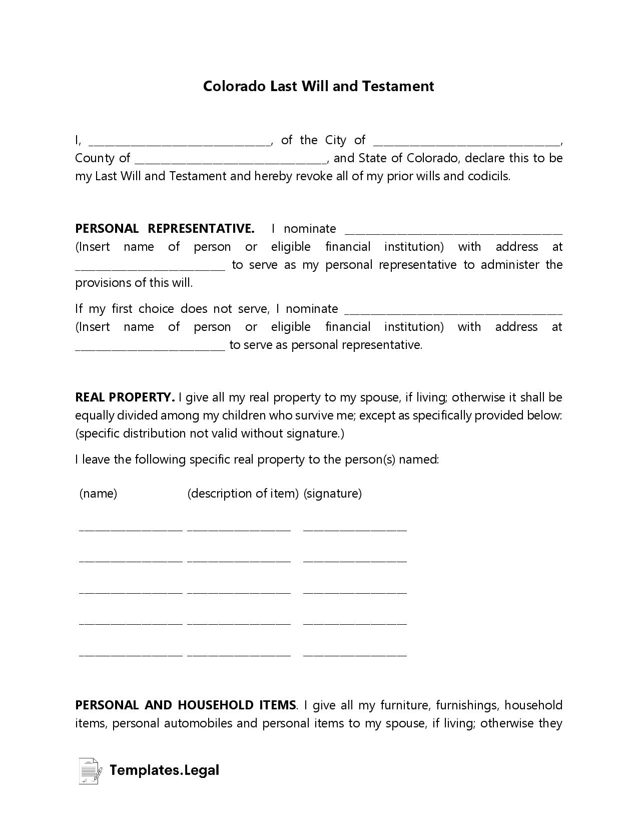 Colorado Last Will and Testament Templates Free Word PDF ODT 