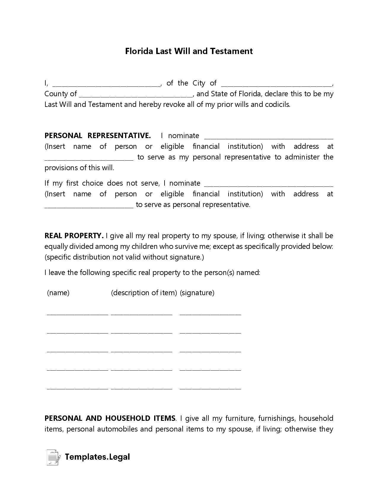 Florida Last Will and Testament - Templates.Legal