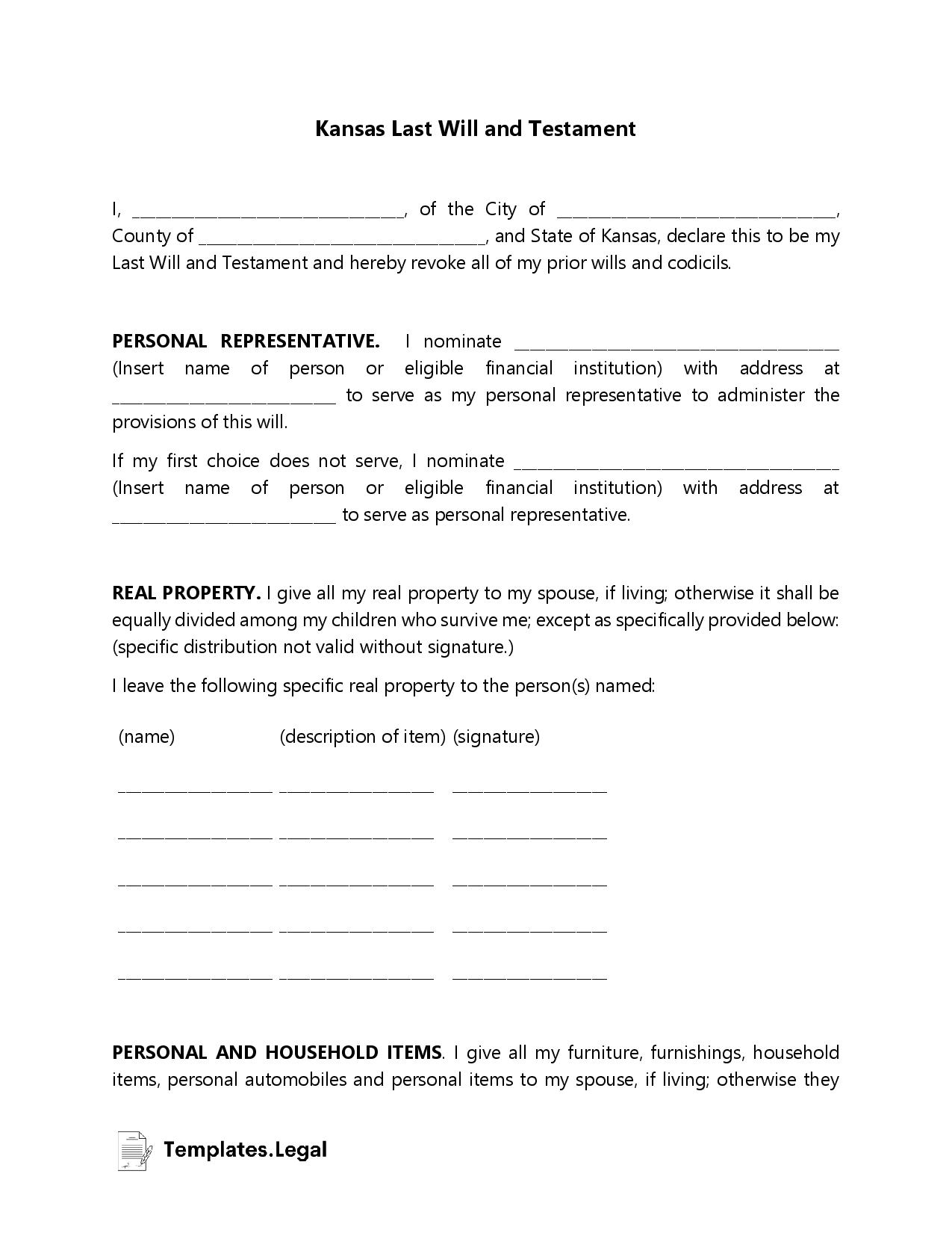 Kansas Last Will and Testament - Templates.Legal