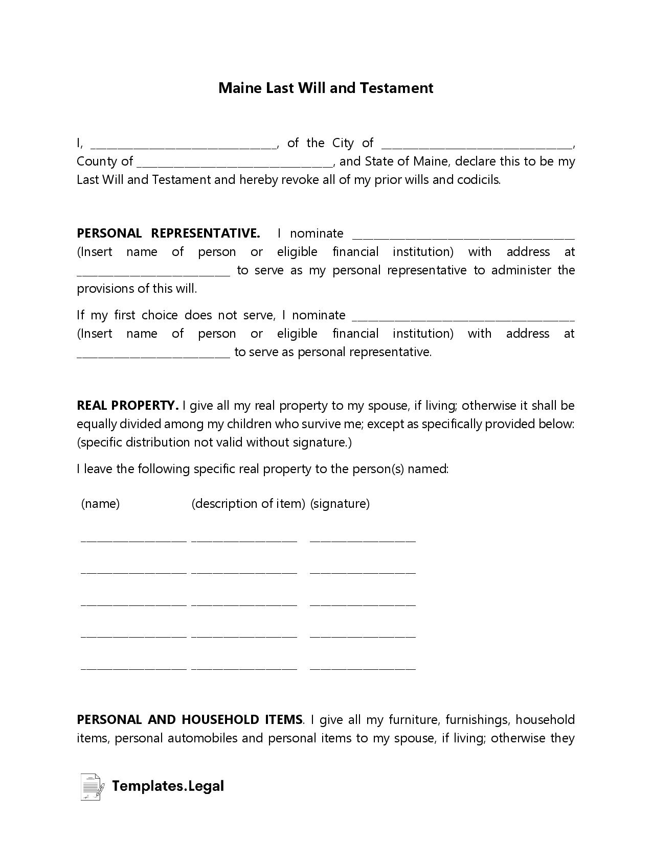 Maine Last Will And Testament Template