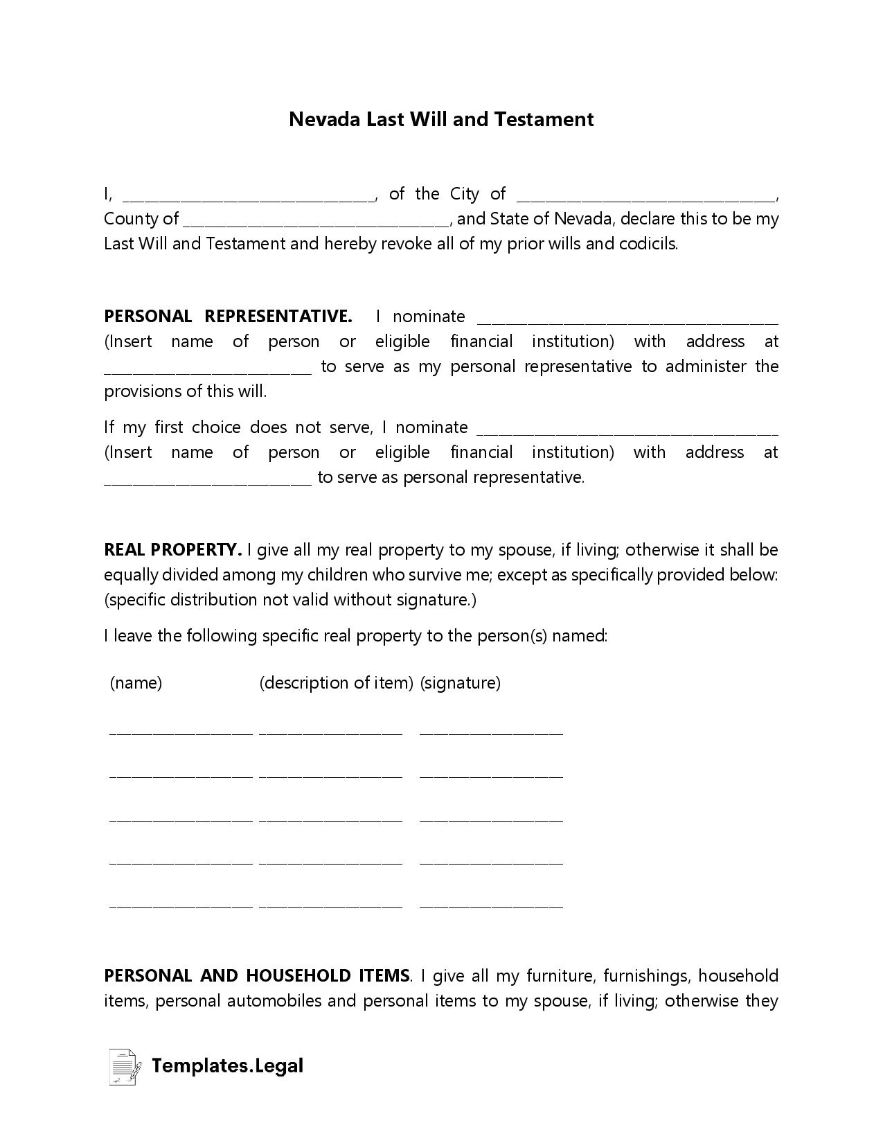 Nevada Last Will and Testament - Templates.Legal