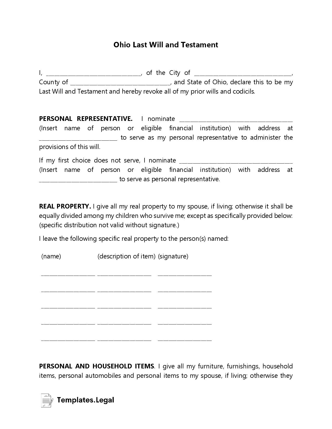 Free Printable Last Will And Testament Ohio Printable Templates   Ohio Last Will And Testament Templates.Legal  