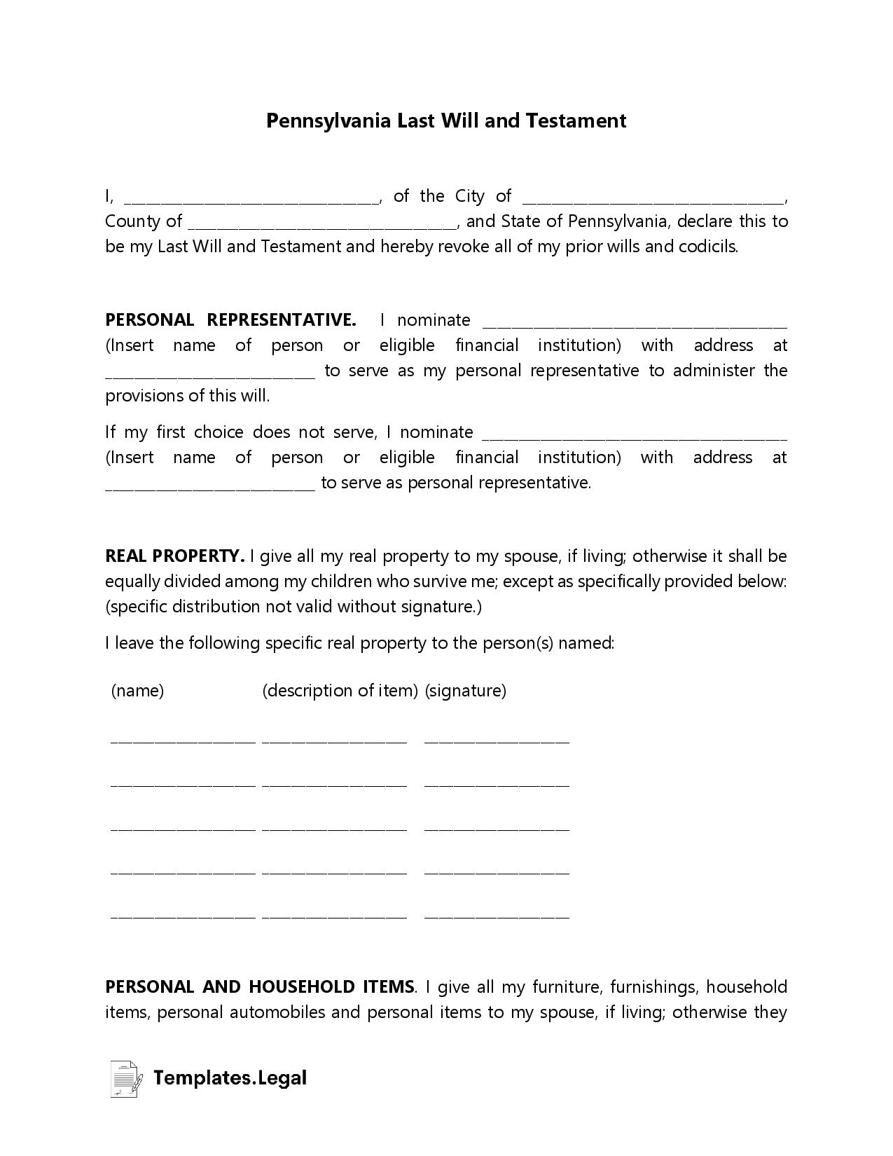 Free Last Will And Testament Pennsylvania Template Printable Templates