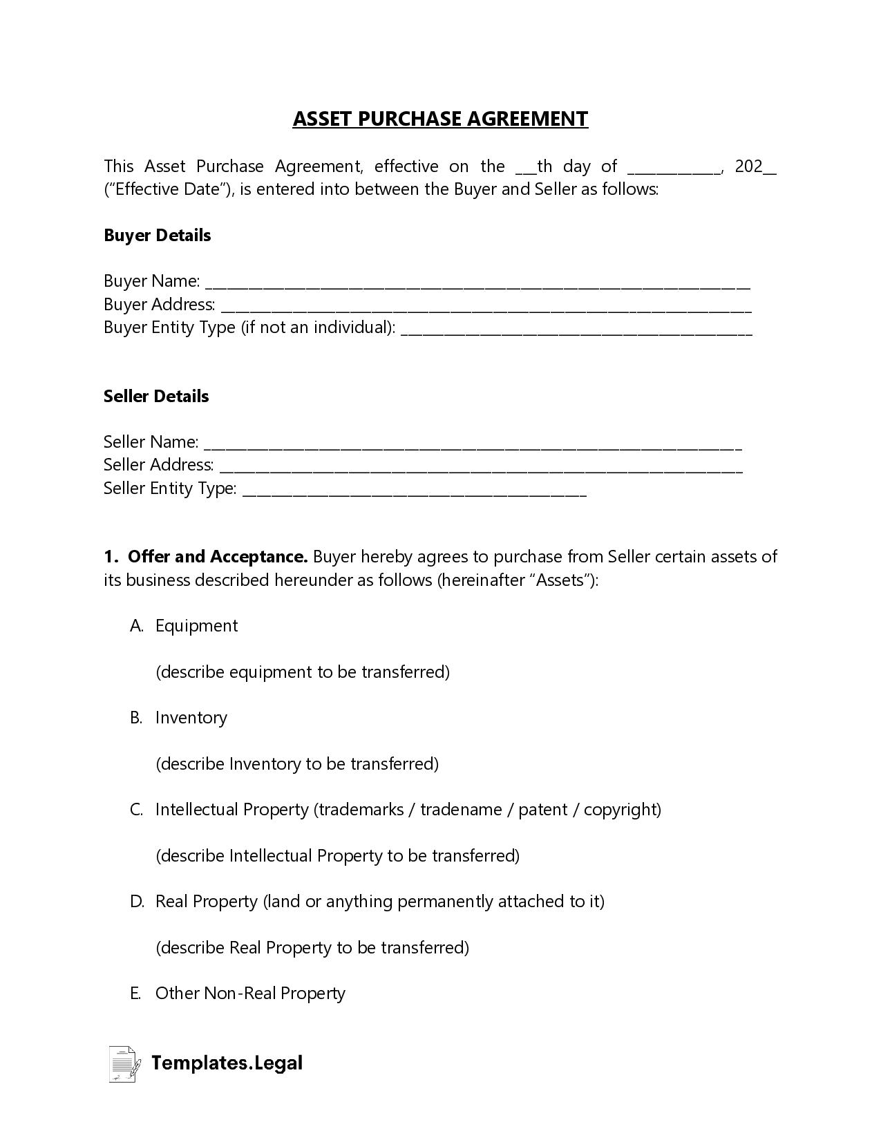 business purchase agreement template