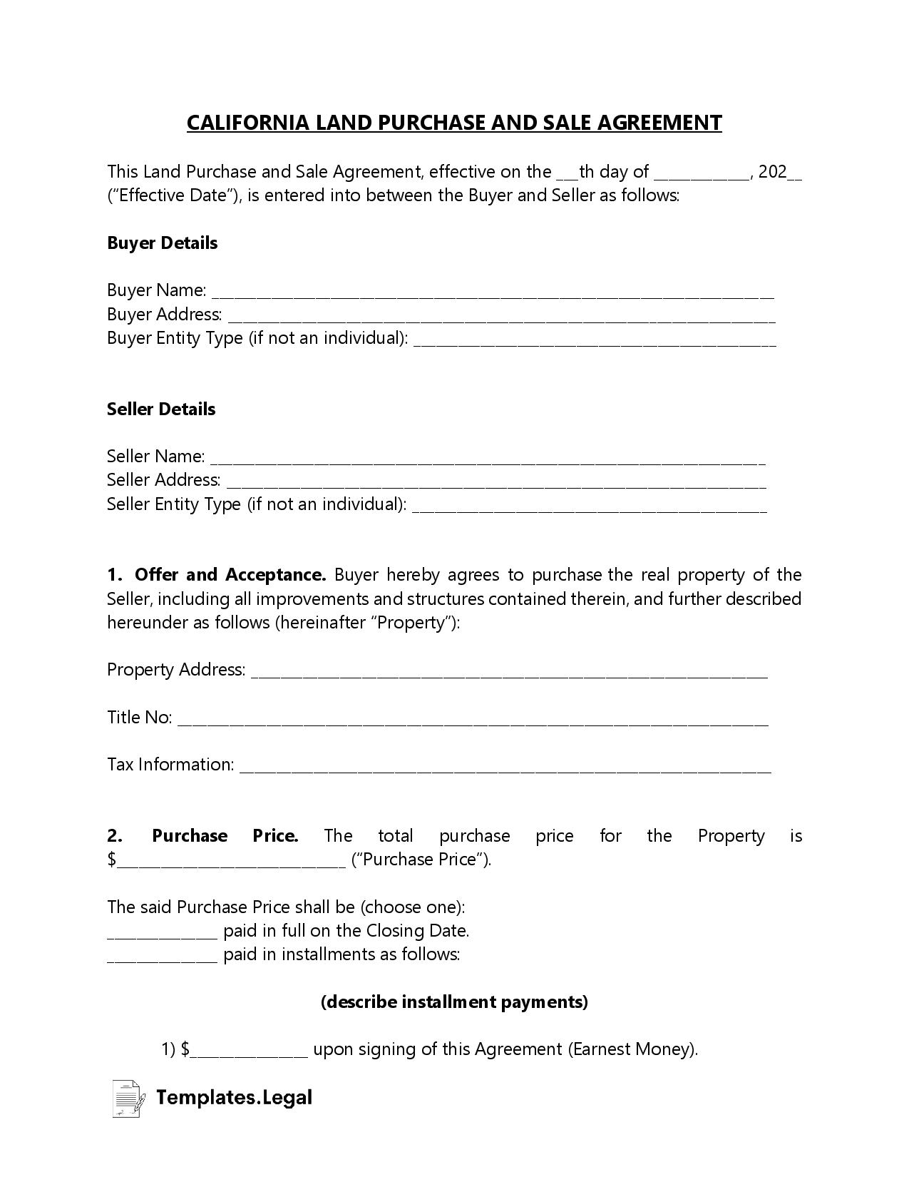 California Purchase Agreement Templates (Free) Word PDF ODT