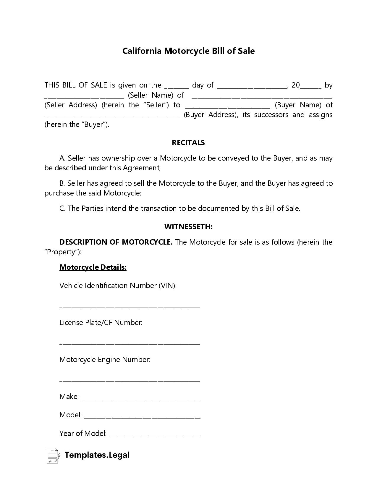 California Motorcycle Bill of Sale - Templates.Legal