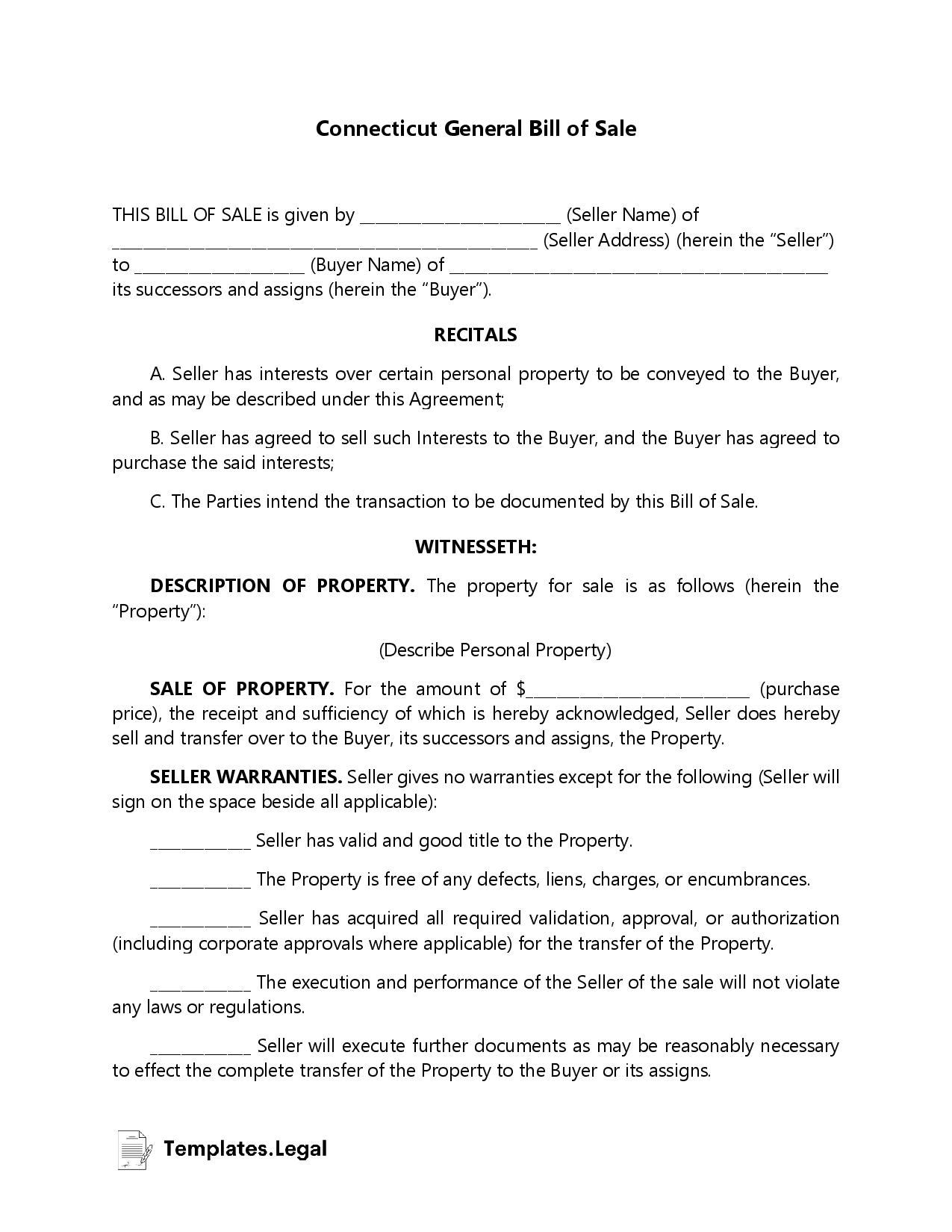 Connecticut General Bill of Sale - Templates.Legal