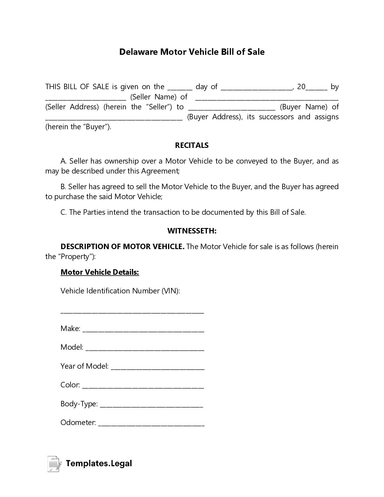 Delaware Motor Vehicle Bill of Sale - Templates.Legal