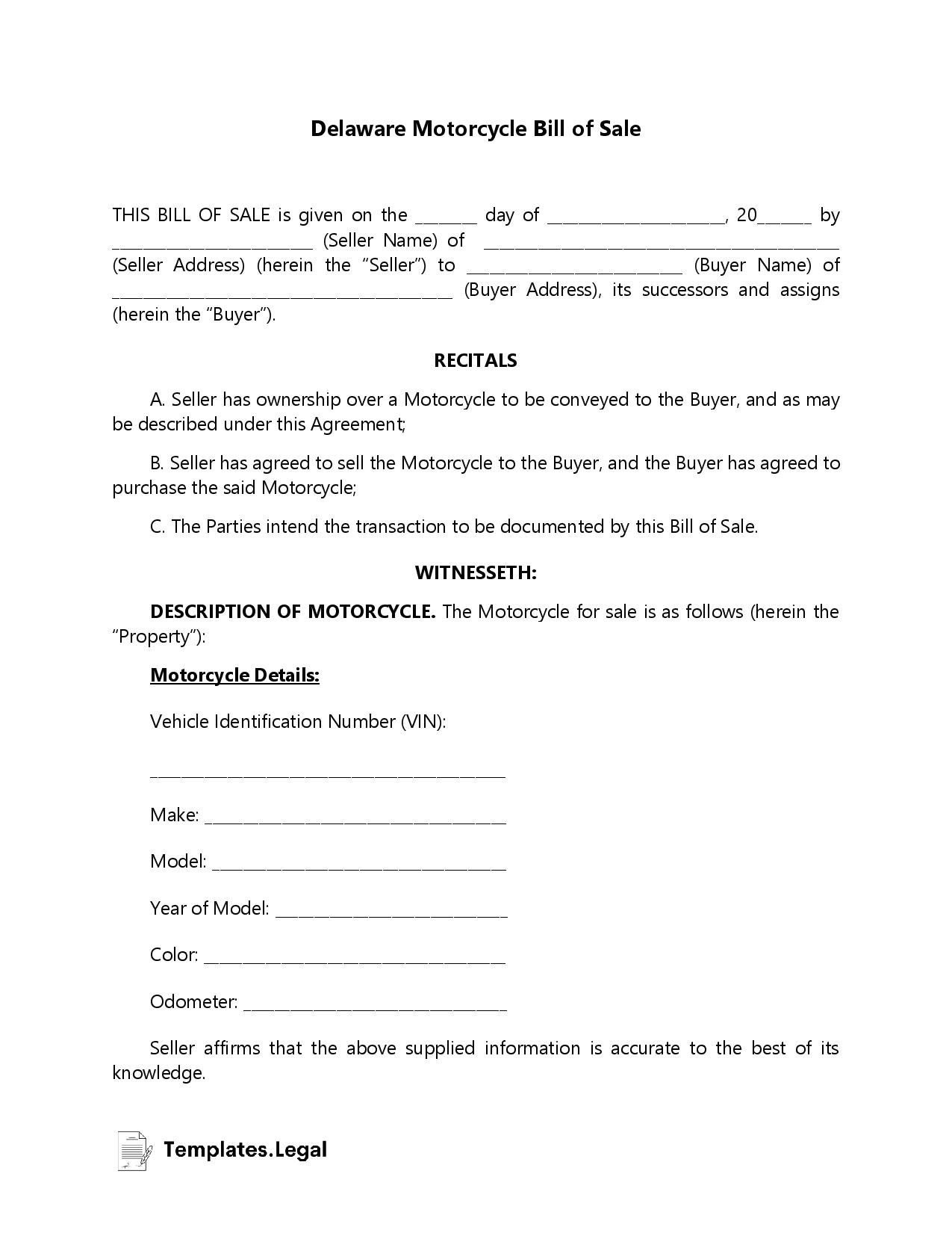 Delaware Motorcycle Bill of Sale - Templates.Legal