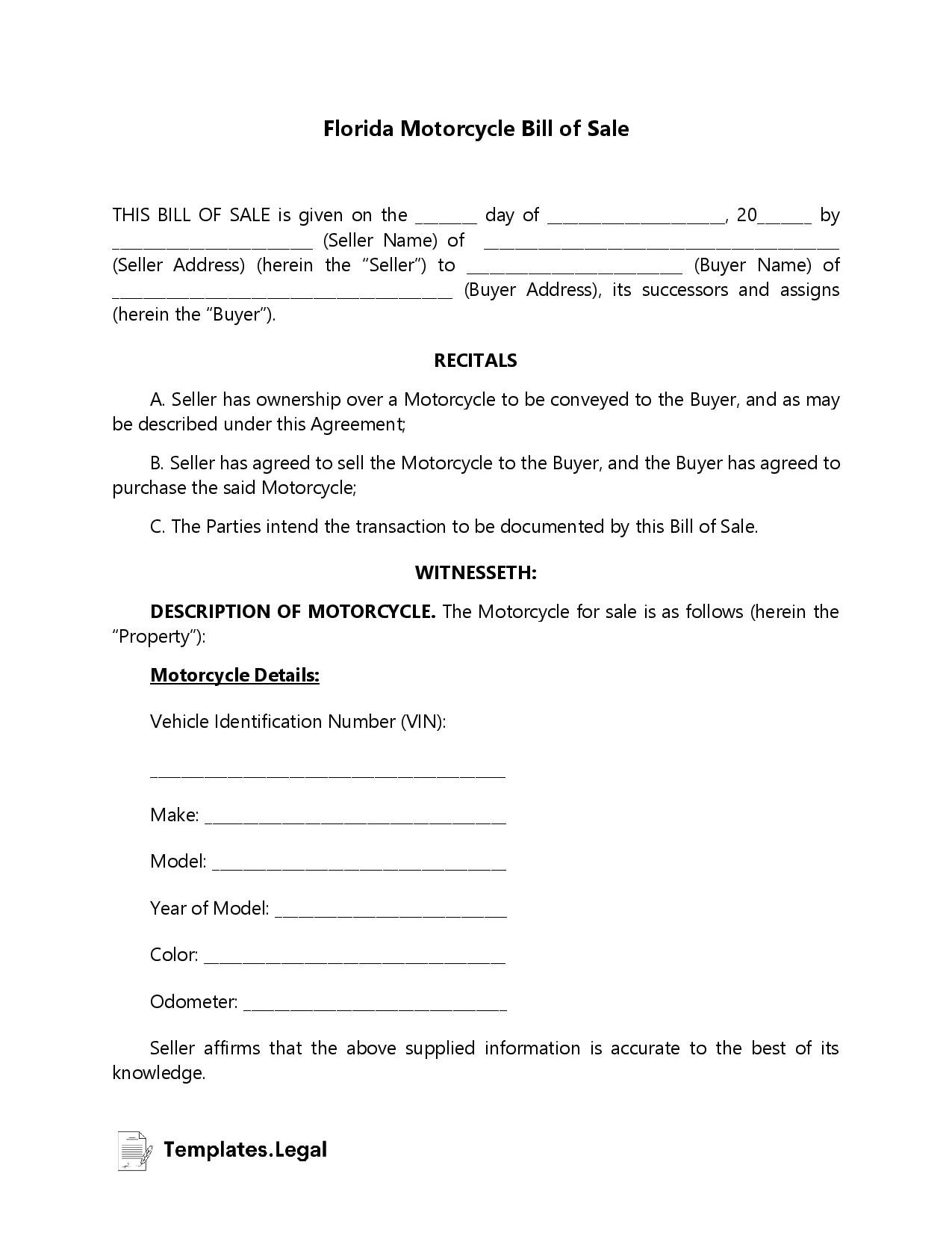 Florida Motorcycle Bill of Sale - Templates.Legal