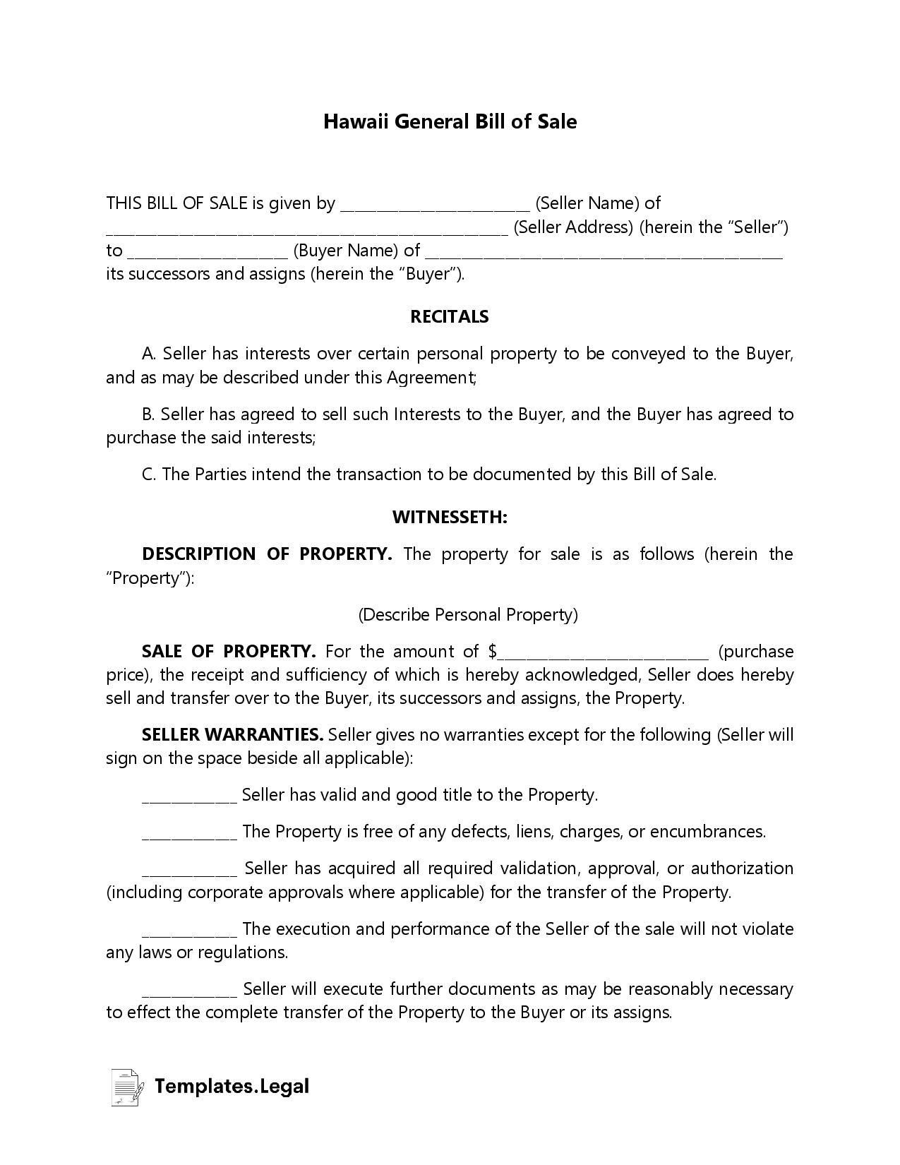 Hawaii General Bill of Sale - Templates.Legal