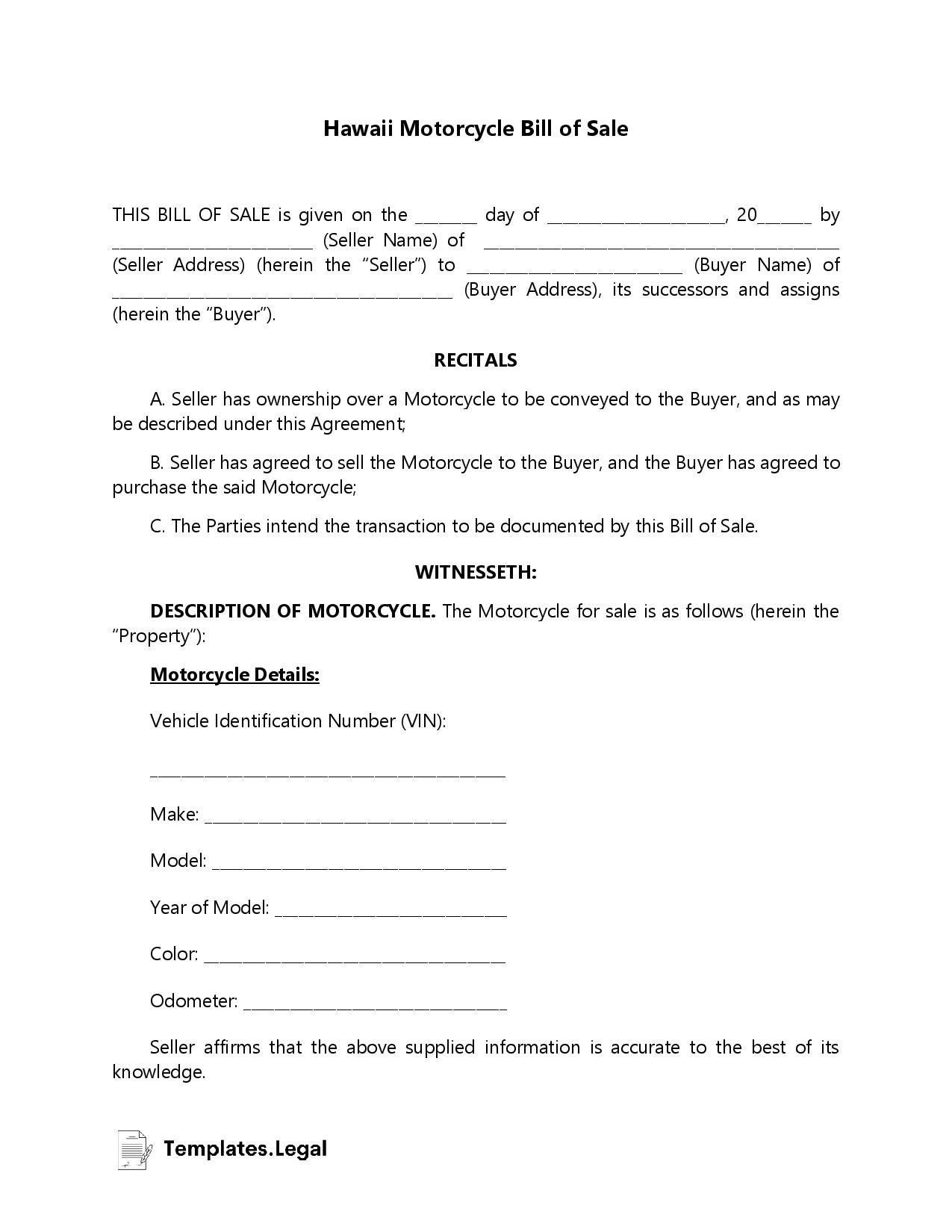 Hawaii Motorcycle Bill of Sale - Templates.Legal