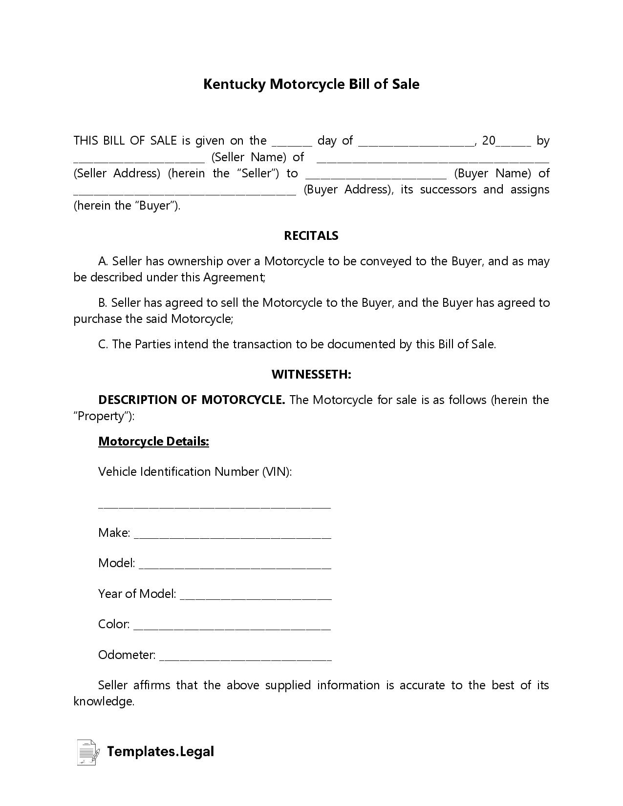Kentucky Motorcycle Bill of Sale - Templates.Legal