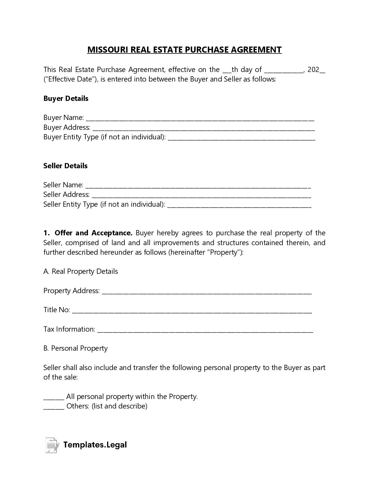 MIssouri Real Estate Purchase Agreement - Templates.Legal